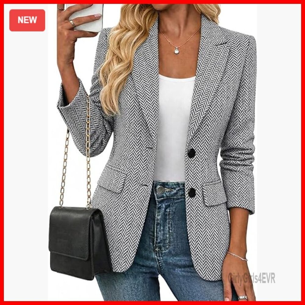 Herringbone Tweed Blazer Slim Fit Notch Lapel Open Front Lined Pockets